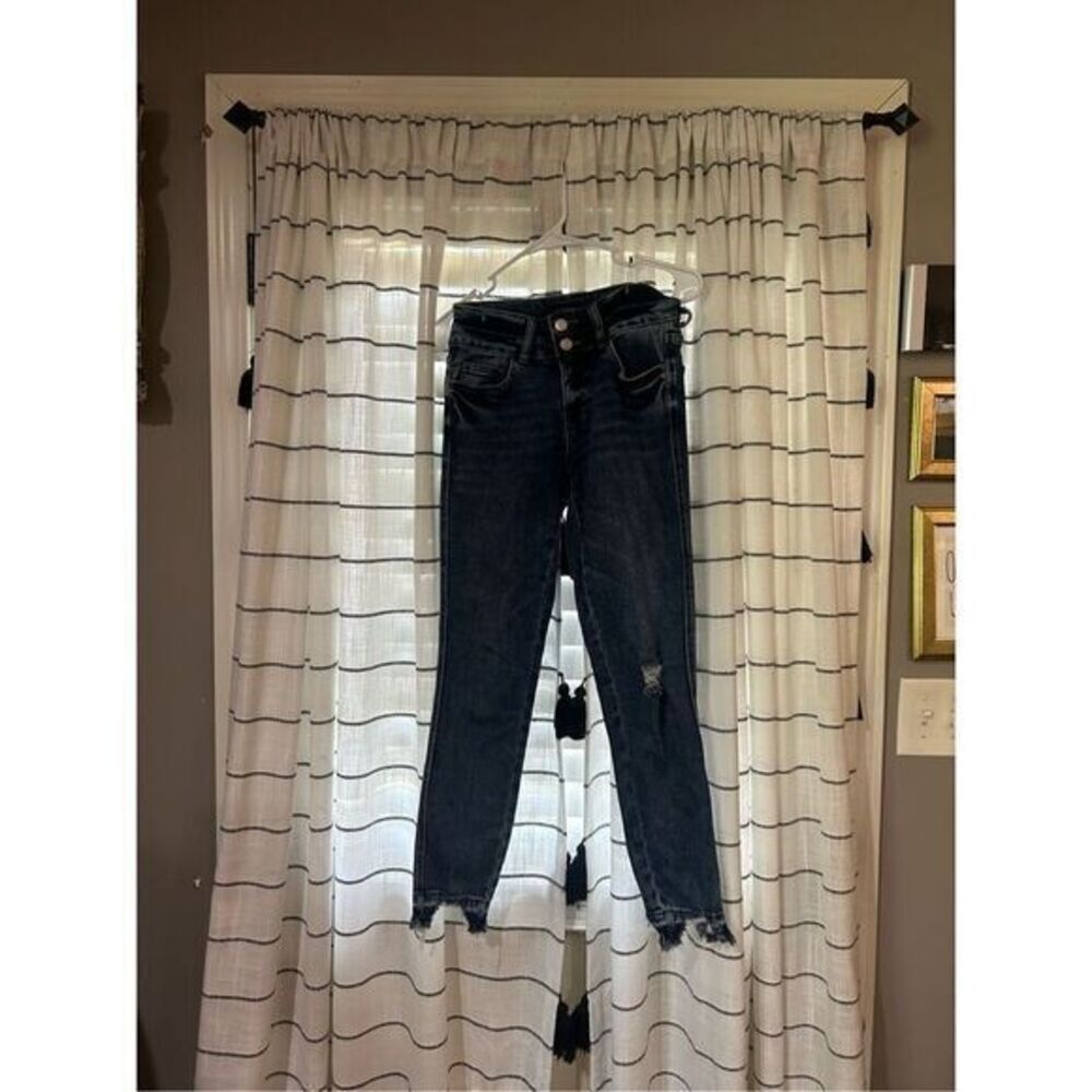 Flying Monkey Skinny Jeans High-Rise Blue Distressed Knee Hem Fringe Ankle Size